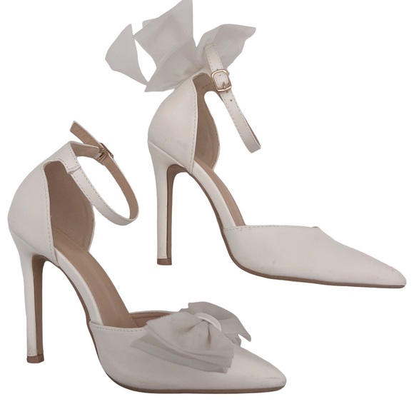 White Pointed Toe Asymmetrical Tulle Bow Stiletto High Heels - Picture 3 of 13